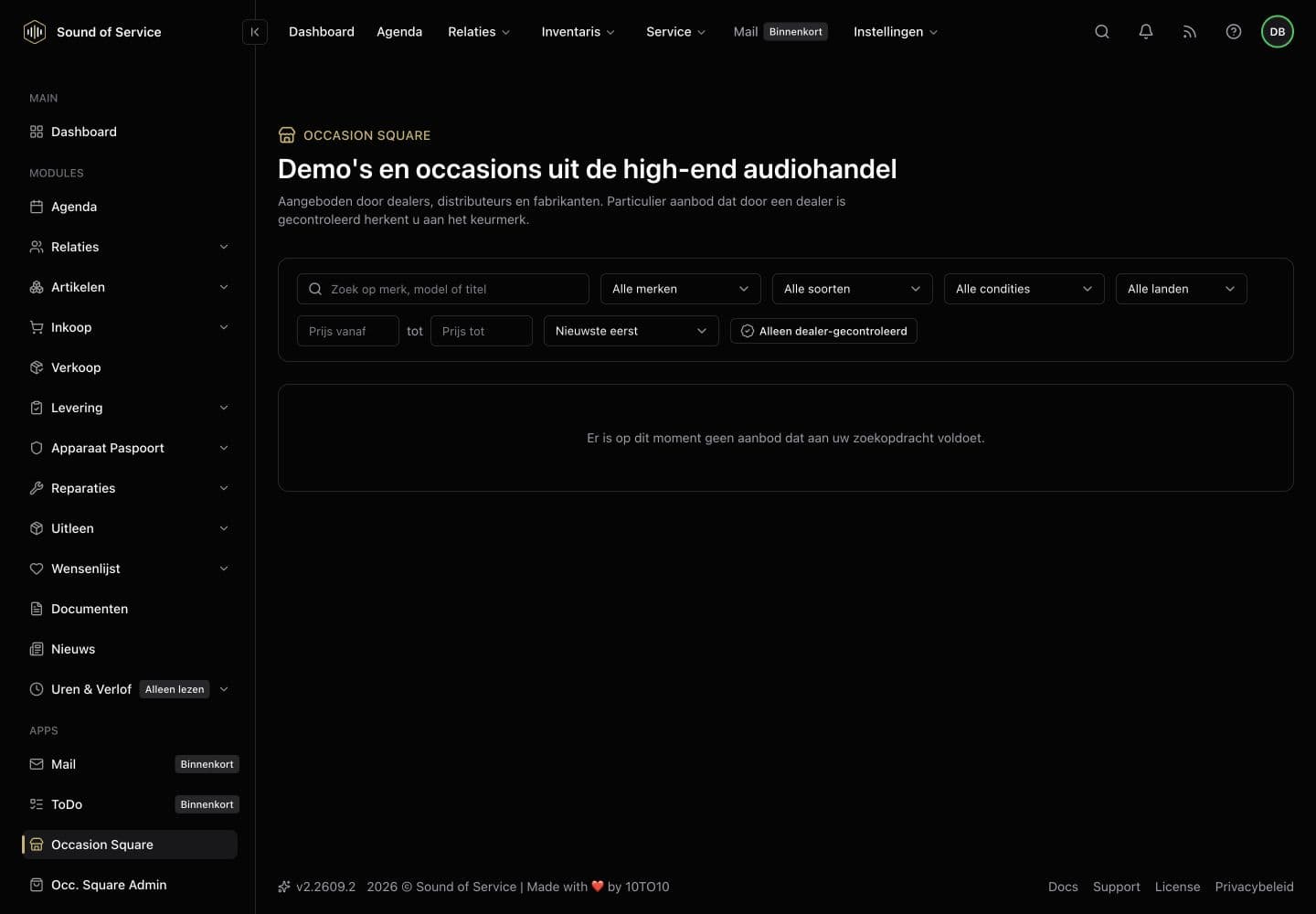 Occasion Square in de dealer-demo, met zoekfilters; de demo bevat momenteel geen aanbod.